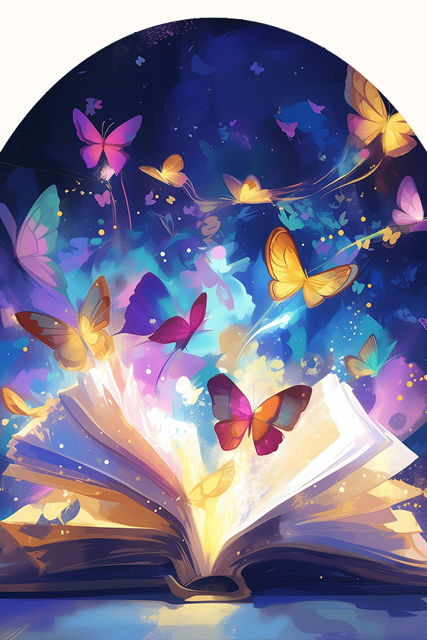 Illustration of an open book with butterflies