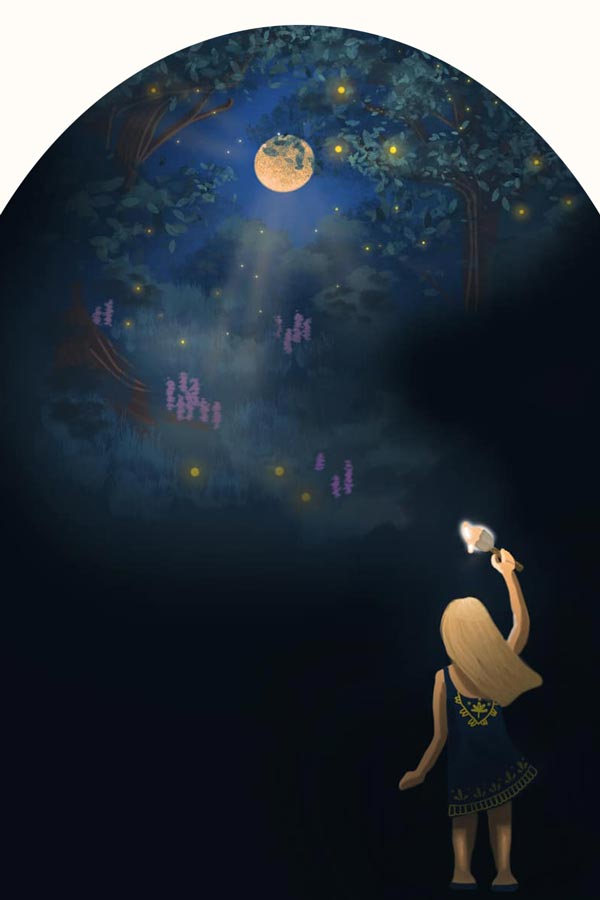 drawing of a girl holding a light in the moonlight
