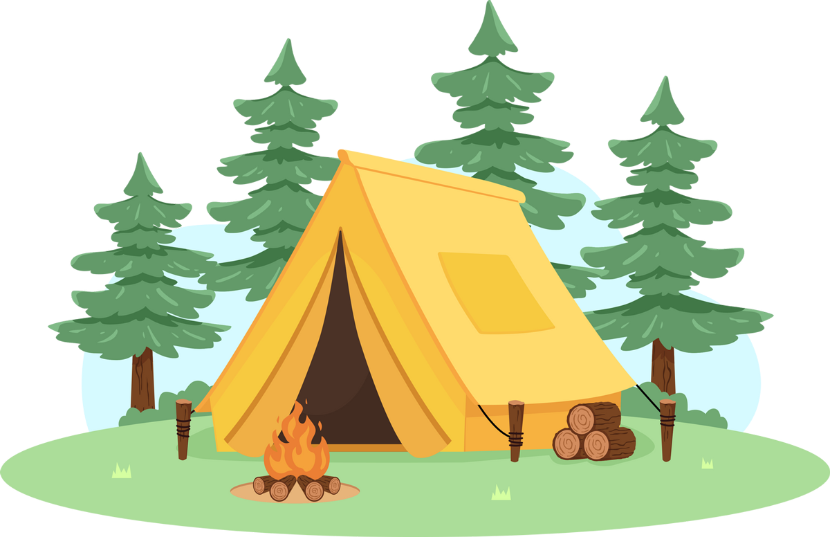 An illustration of a yellow tent in a pine forest
