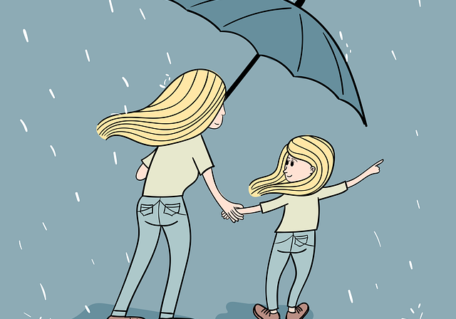mother and child in the rain Mother and child under an umbrella in the rain