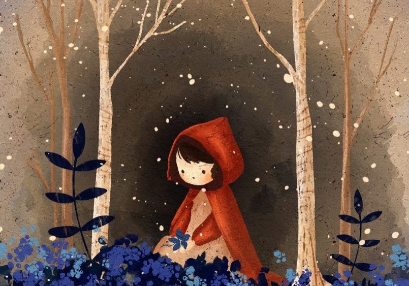 picking blue flowers in the forest Illustration of a girl picking blue flowers in the forest