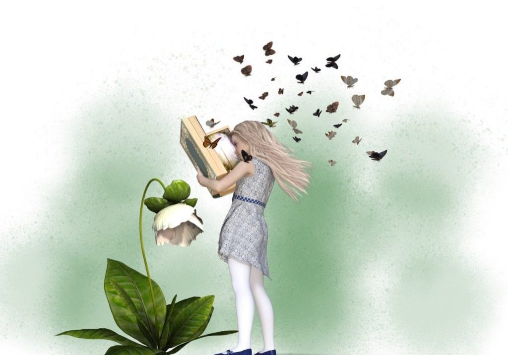 social stories Illustration of a girl reading a book next to a giant flower