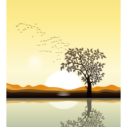tree and lake An illustration of birds flying away from a tree next to a lake
